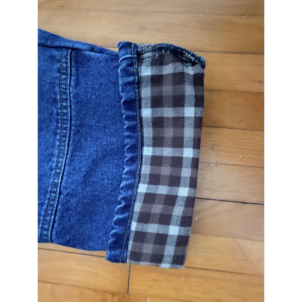 Mens Flannel Lined Blue Denim Jeans Plaid Cuffed Relaxed Straight Work Pants